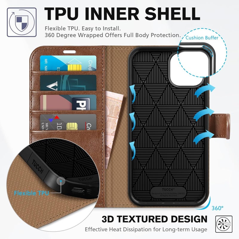 TUCCH Wallet Case for iPhone 14 6.1", Flip PU Leather Magnetic Protective Cover with [RFID Blocking] [4 Card Slots] Stand [TPU Interior Case] Compatible with iPhone 14 6.1, Brown - Image 5